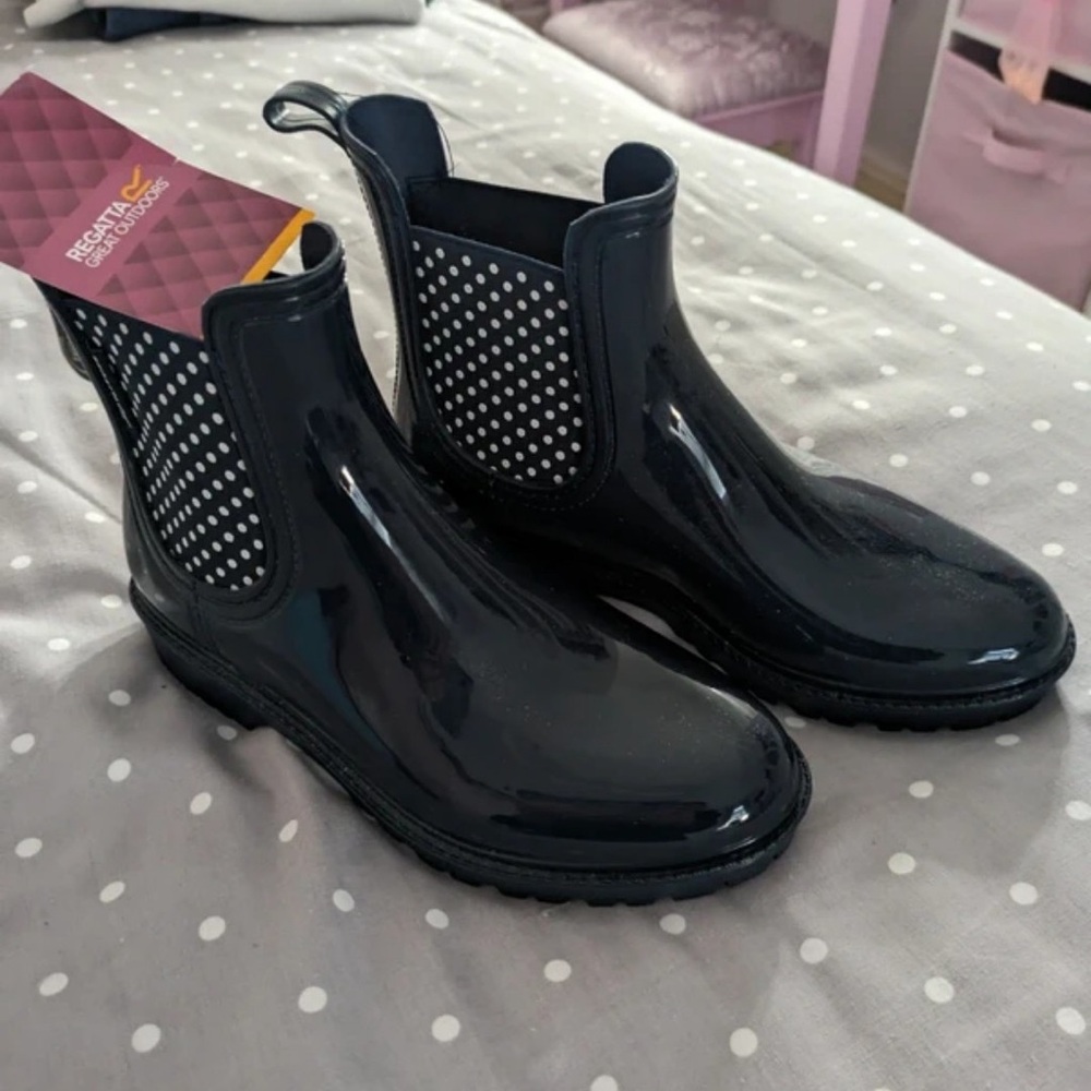 Black Women's Chelsea Rain Boots - Polka Dot Elastic Sides